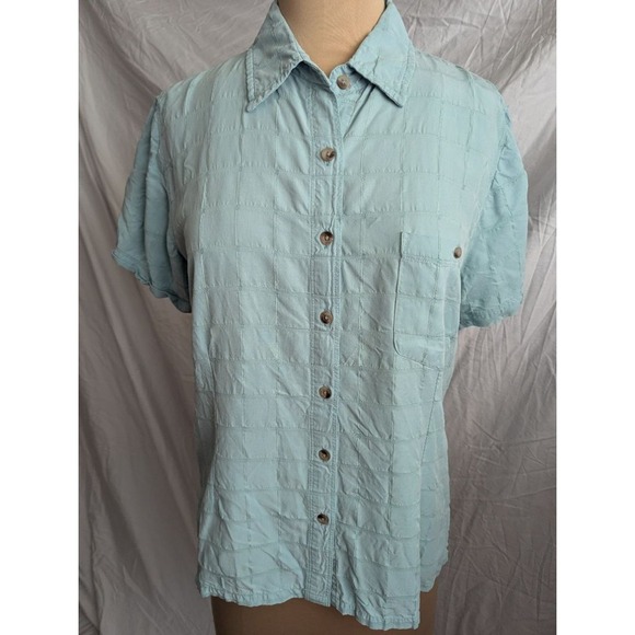 Allegheny Trail Tops - Light Blue Textured Windowpane Grid Short Sleeve Button Up Shirt Womens Sz L